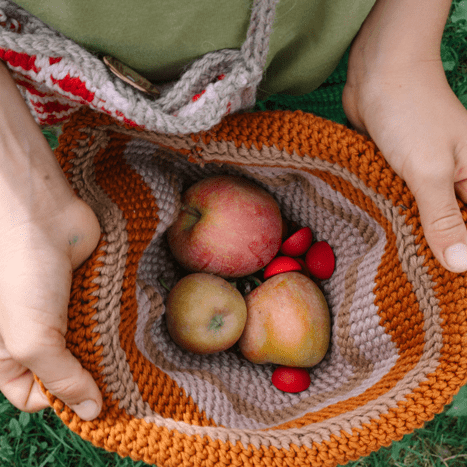 Person holding a woven bag with apples and red wooden half spheres on grass