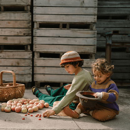 Two children playing with apples and red wooden half spheres on the ground in front of wooden crates.
