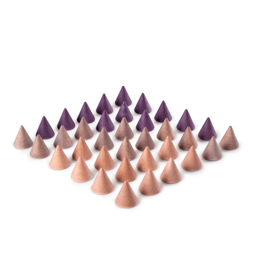 Set of purple and beige cone-shaped objects on a white background