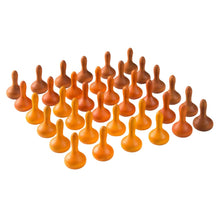 36 wooden play pieces in varying shades of orange on a white background