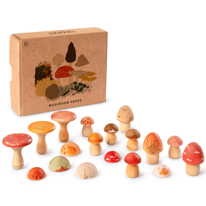 Set of wooden mushrooms with a cardboard box labeled 'Mushroom Grove' on a white background.