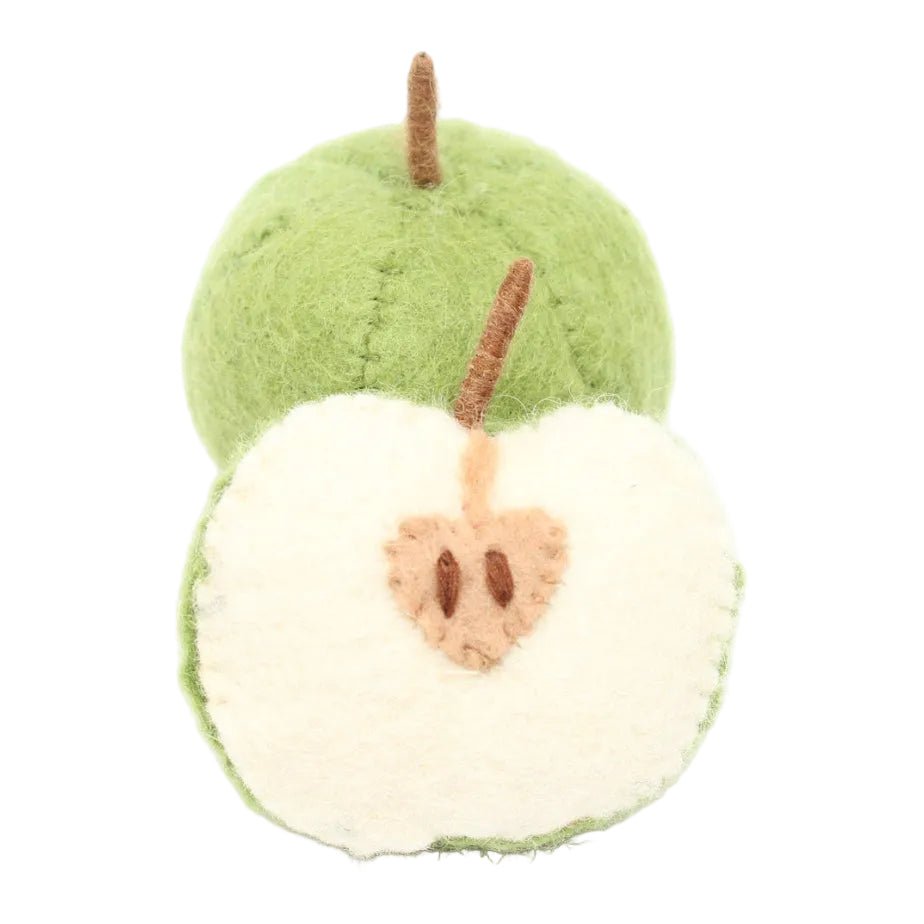 One whol and one half felted green apples on a white background