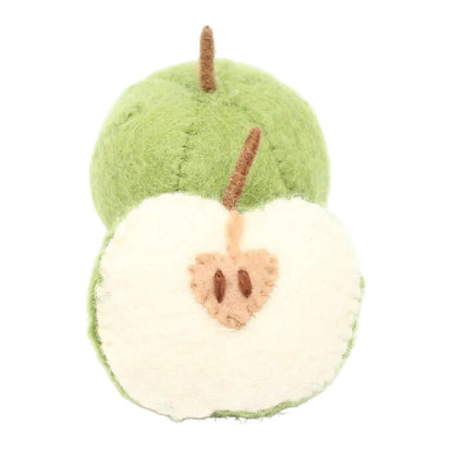 One whol and one half felted green apples on a white background