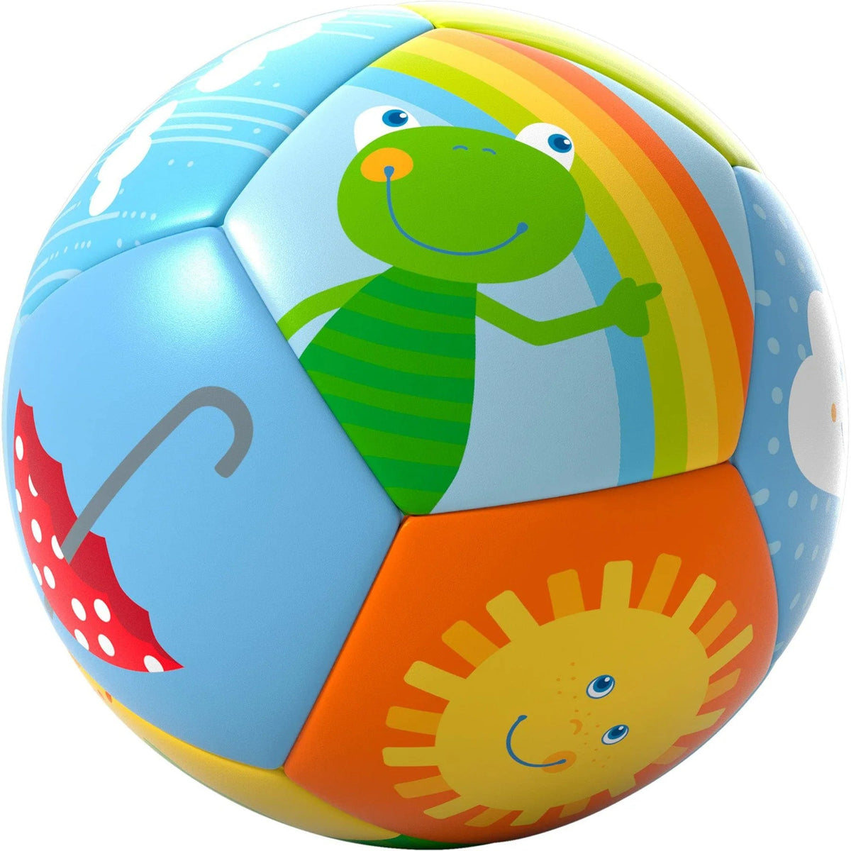 Colorful children's ball with cartoon characters on a white background