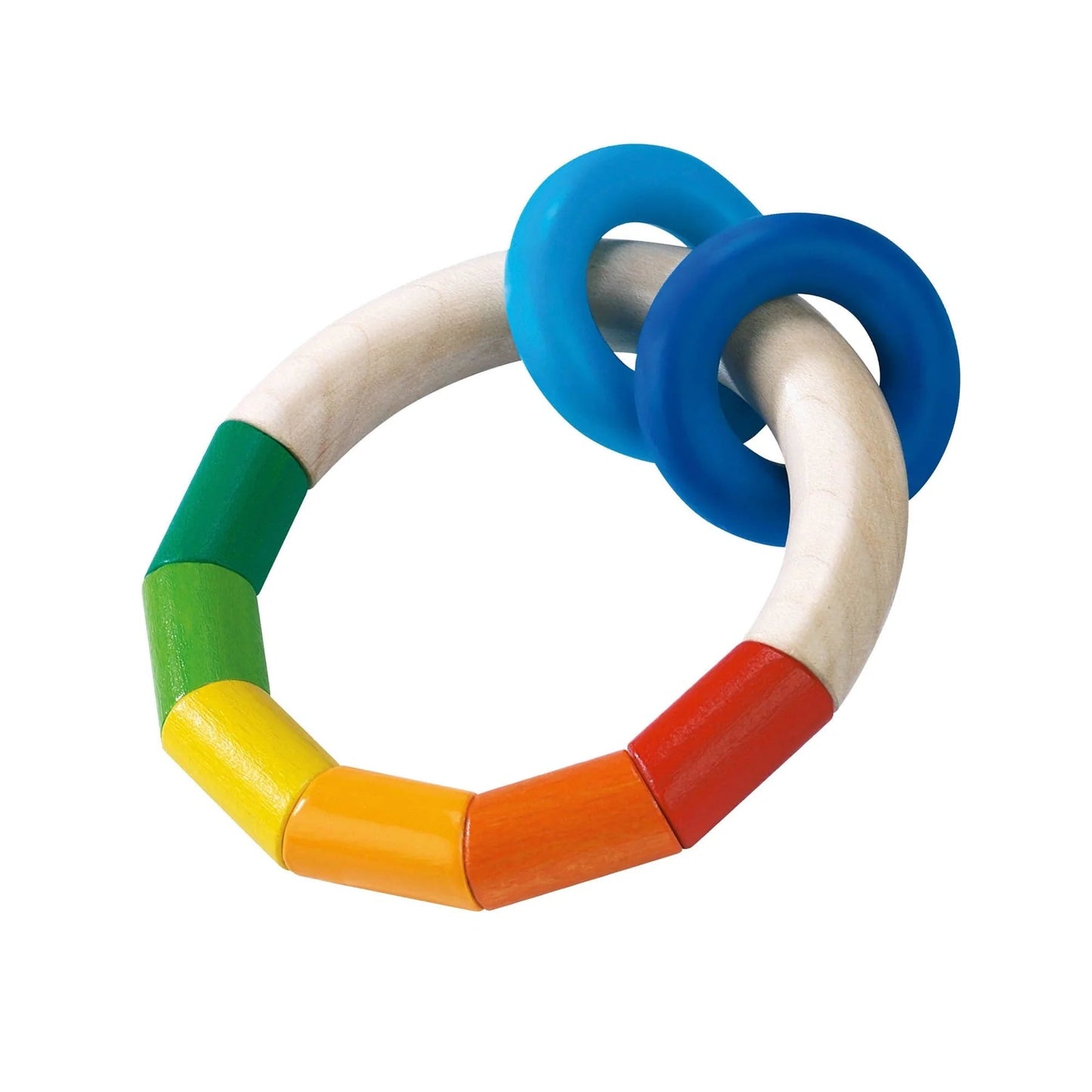Colorful wooden baby teething ring with  two blue plastic rings on a white background