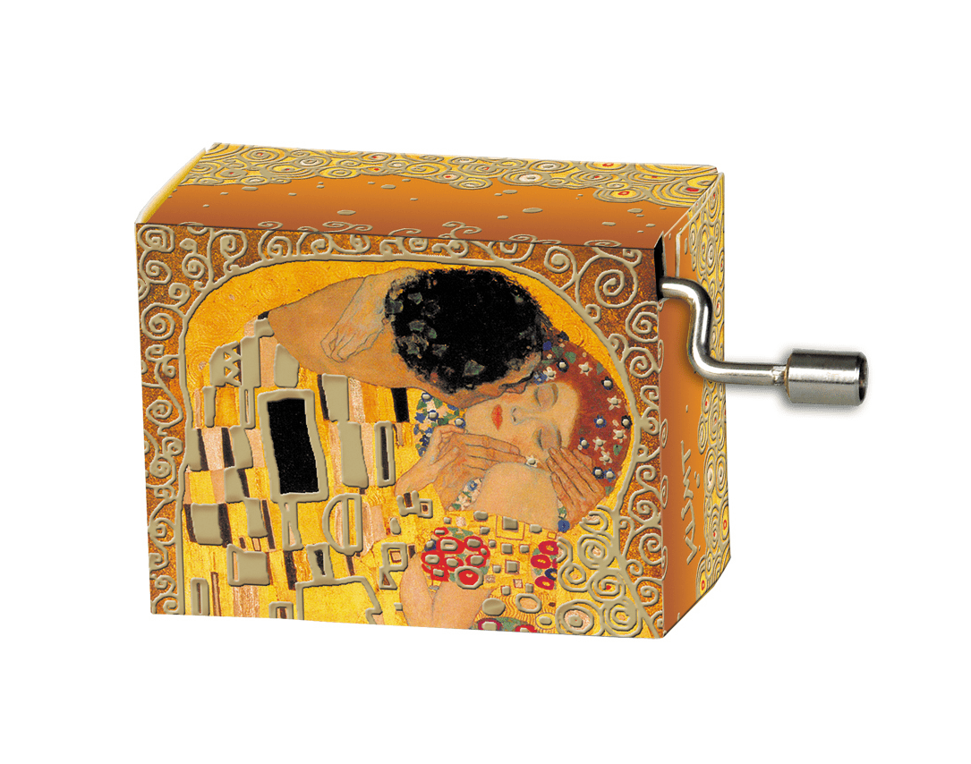 Music box with 'The Kiss' by Gustav Klimt design on a white background