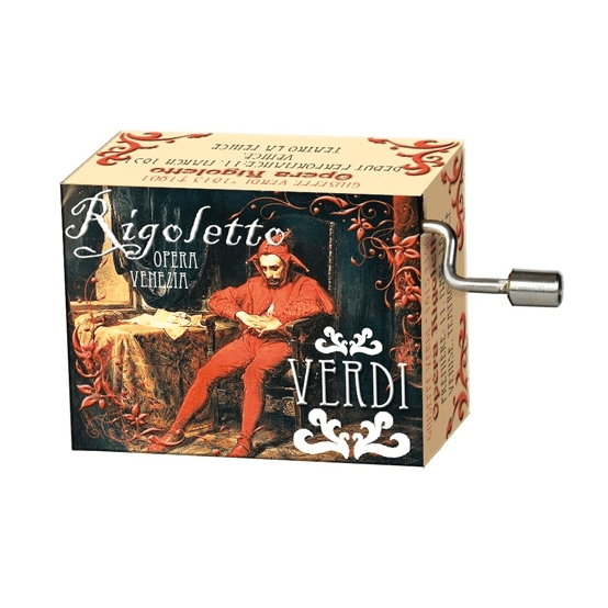 Music box with 'Rigoletto' and 'Verdi' branding on a white background
