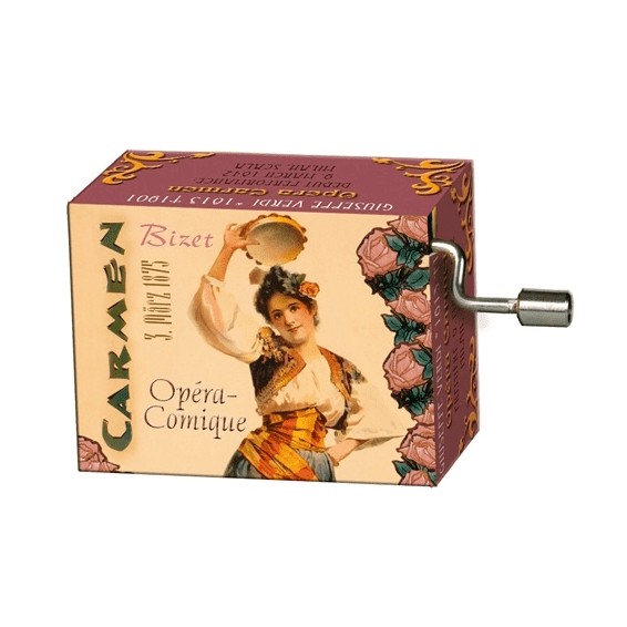 Music box with vintage design featuring art from the opera Carmen on a white background