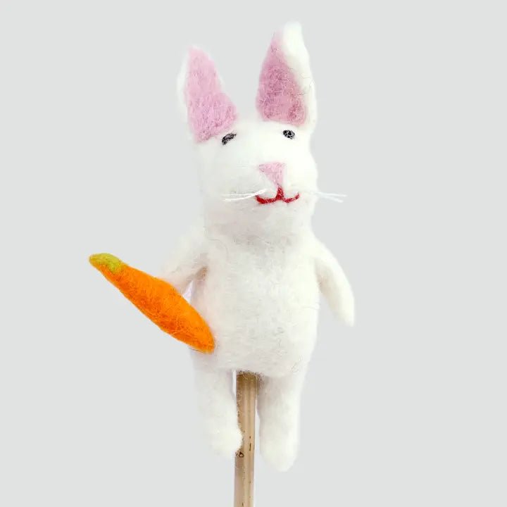 Handmade Felt Bunny Finger Puppet with Carrot (White or Grey - 5.5") - felt Puppets for open-ended play - Color: grey