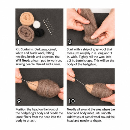 Photo instructions of how to make a felted hedgehog