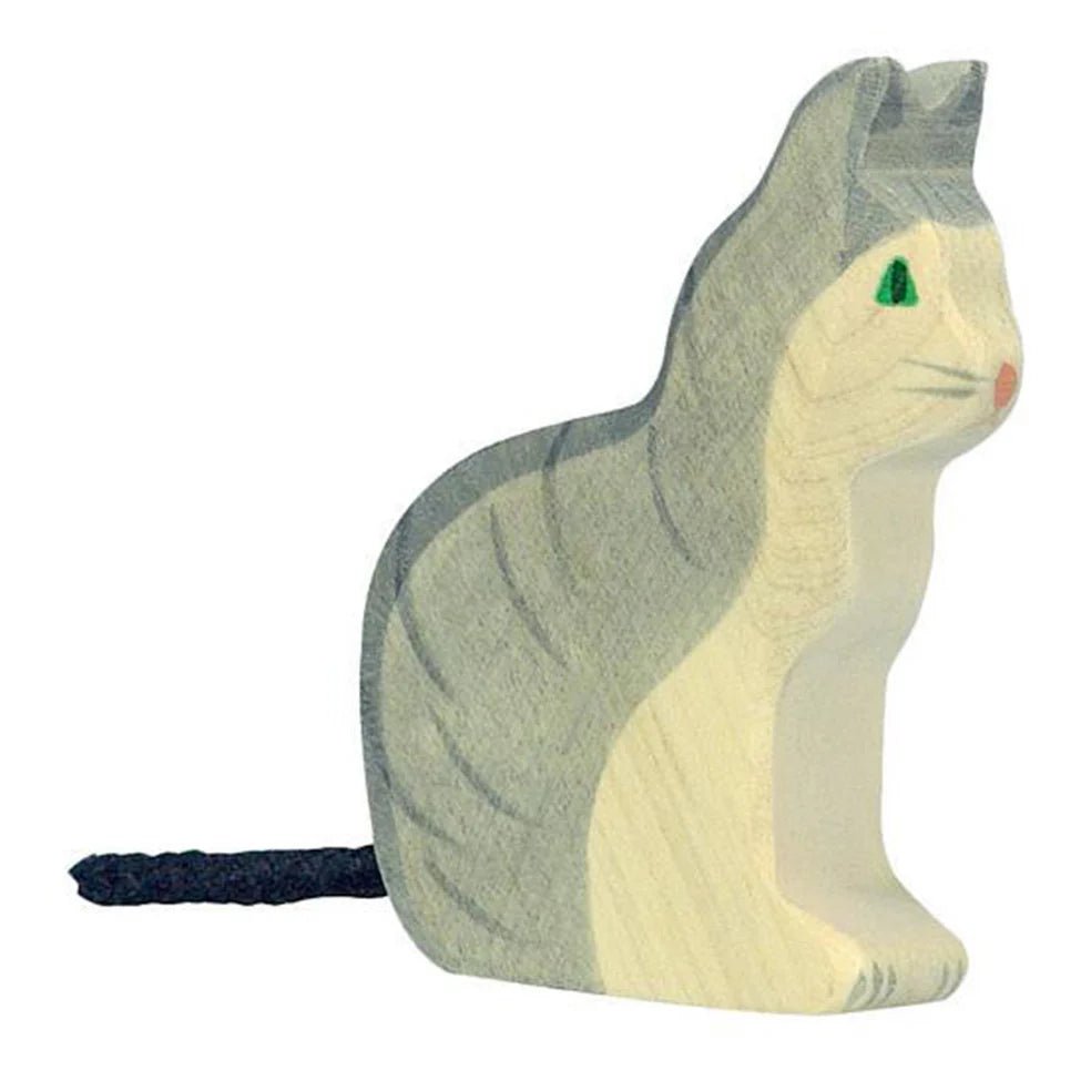 Cat-shaped toy with gray and beige body on a white background