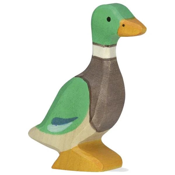 Wooden standing duck figurine with green, brown, and yellow colors on a white background
