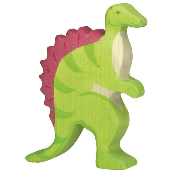 Green spinosaurus dinosaur toy figure with red spiky back on a white background