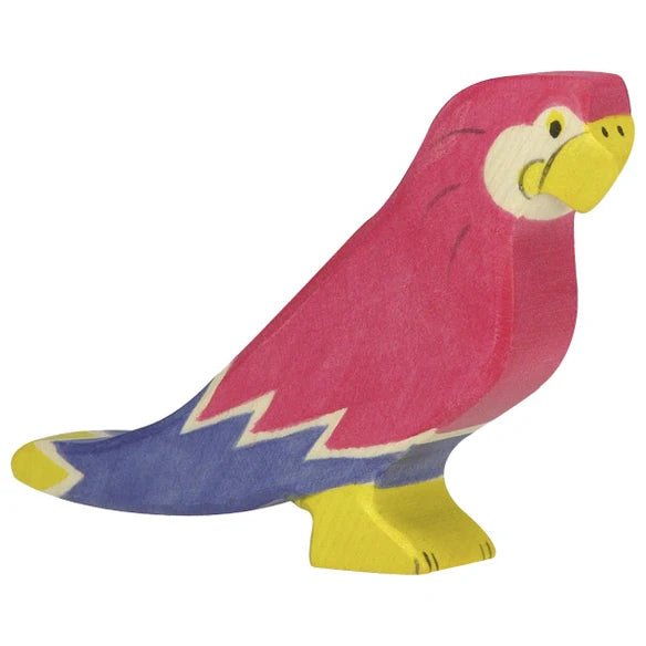 Colorful wooden parrot toy on a white background
