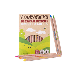 Honeysticks beeswax pencils in a cardboard packaging with a white background