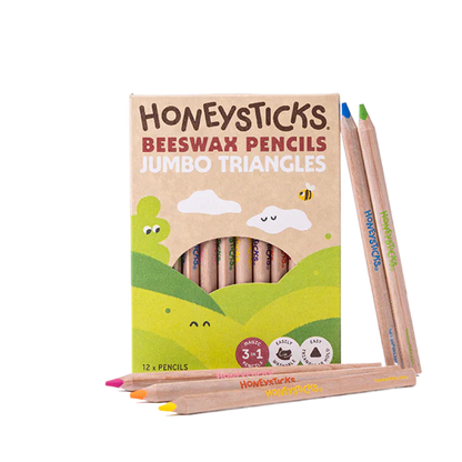 Honeysticks beeswax pencils in a cardboard packaging with a white background
