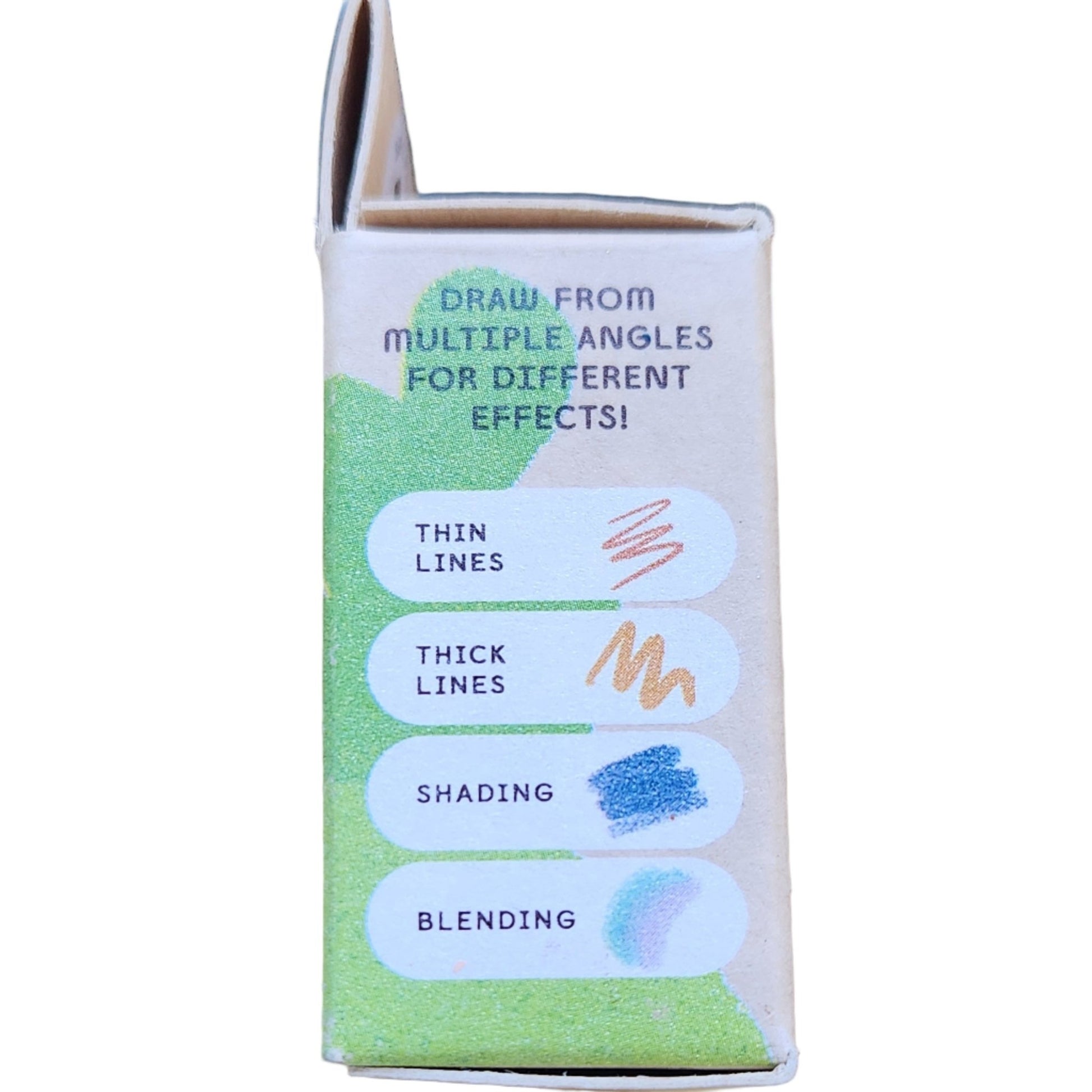 Crayon box showing different drawing effects on a white background