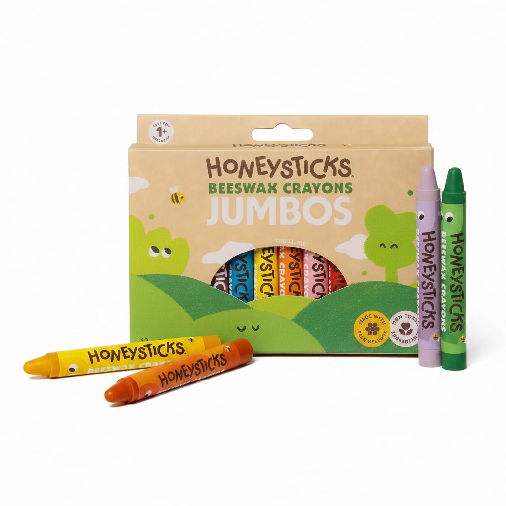 Honeysticks Beeswax Crayons Jumbos packaging with crayons displayed in front on a white background