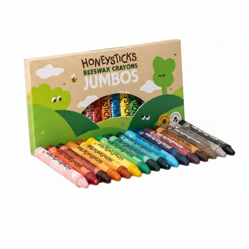 Honeysticks Beeswax Crayons Jumbos in a 12-piece set, shown with their illustrated cardboard packaging box on a plain white background.