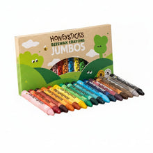 Honeysticks Beeswax Crayons Jumbos in a 12-piece set, shown with their illustrated cardboard packaging box on a plain white background.