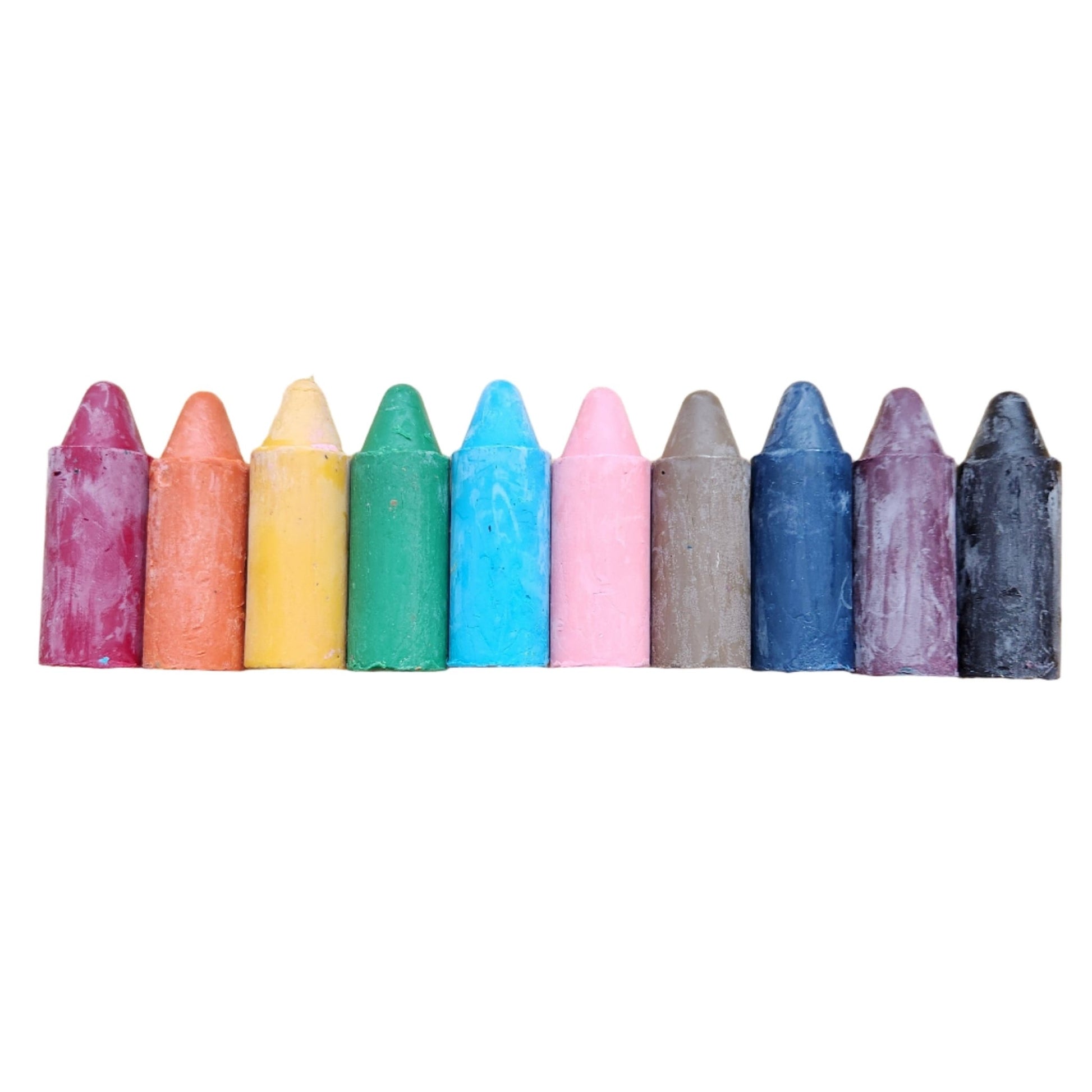 Set of 10 beeswax crayons in shades of the rainbow on a white background