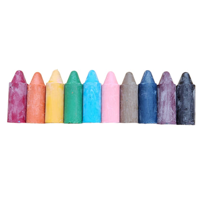 Set of 10 beeswax crayons in shades of the rainbow on a white background
