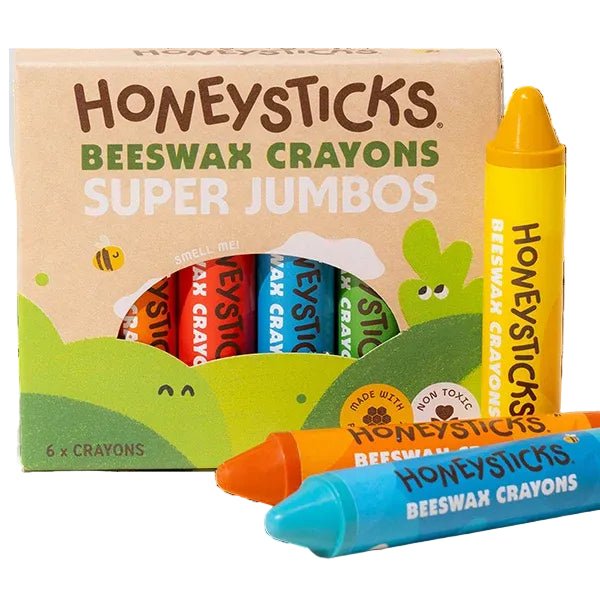 HoneySticks Beeswax Crayons Super Jumbos set in its original kraft paper box, with three crayons (yellow, orange, and blue) displayed in front on a clean white background.