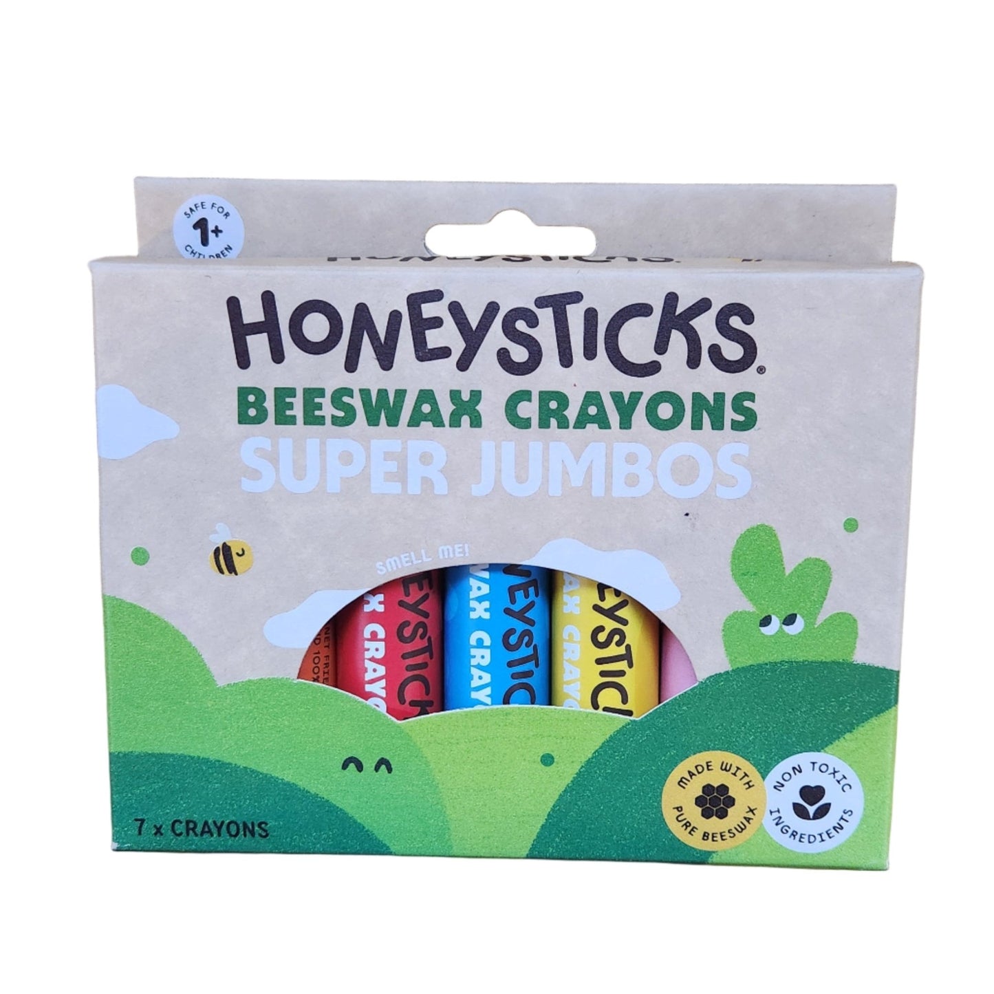 Honeysticks 7 pack of super jumbo beeswax crayons on a white background