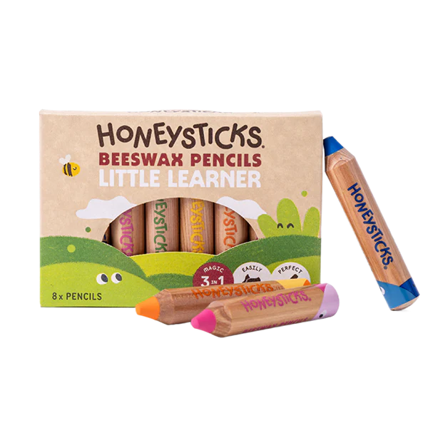 Honeysticks Beeswax Pencils packaging with two pencils on a white background