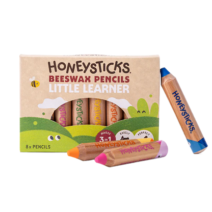 Honeysticks Beeswax Pencils packaging with two pencils on a white background