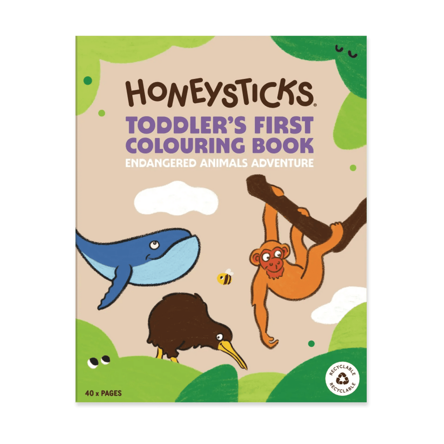 Honeysticks toddler's first colouring book with endangered animals on a beige background