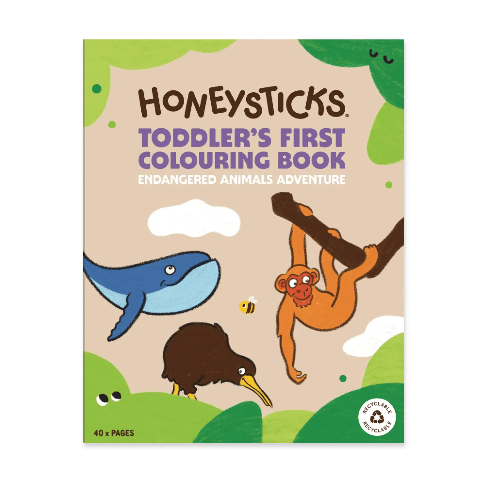 Honeysticks toddler's first colouring book with endangered animals on a beige background