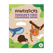 Honeysticks toddler's first colouring book with endangered animals on a beige background