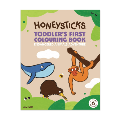 Honeysticks toddler's first colouring book with endangered animals on a beige background