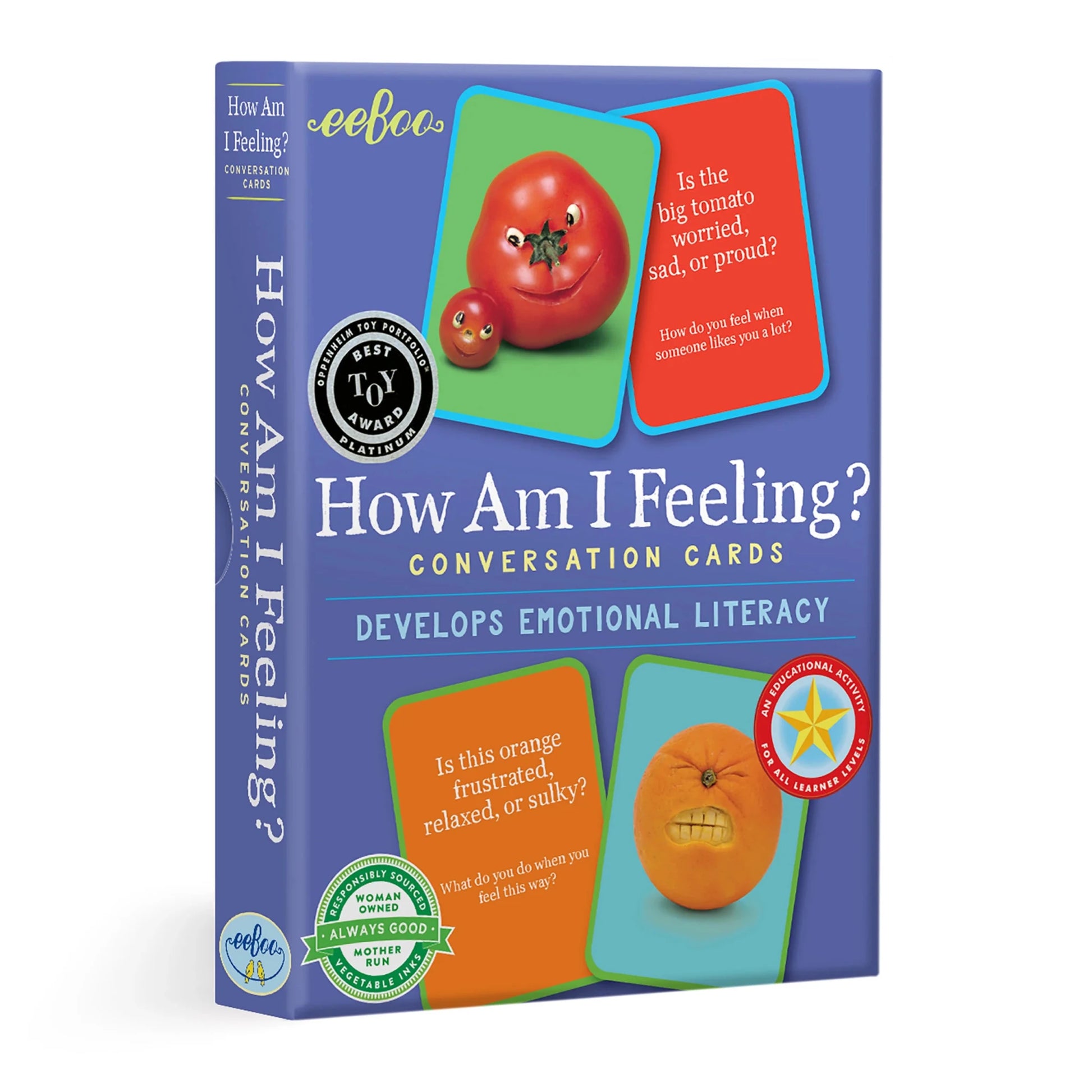 Box of 'How Am I Feeling?' conversation cards with colorful illustrations on a white background