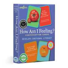 Box of 'How Am I Feeling?' conversation cards with colorful illustrations on a white background