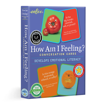 Box of 'How Am I Feeling?' conversation cards with colorful illustrations on a white background