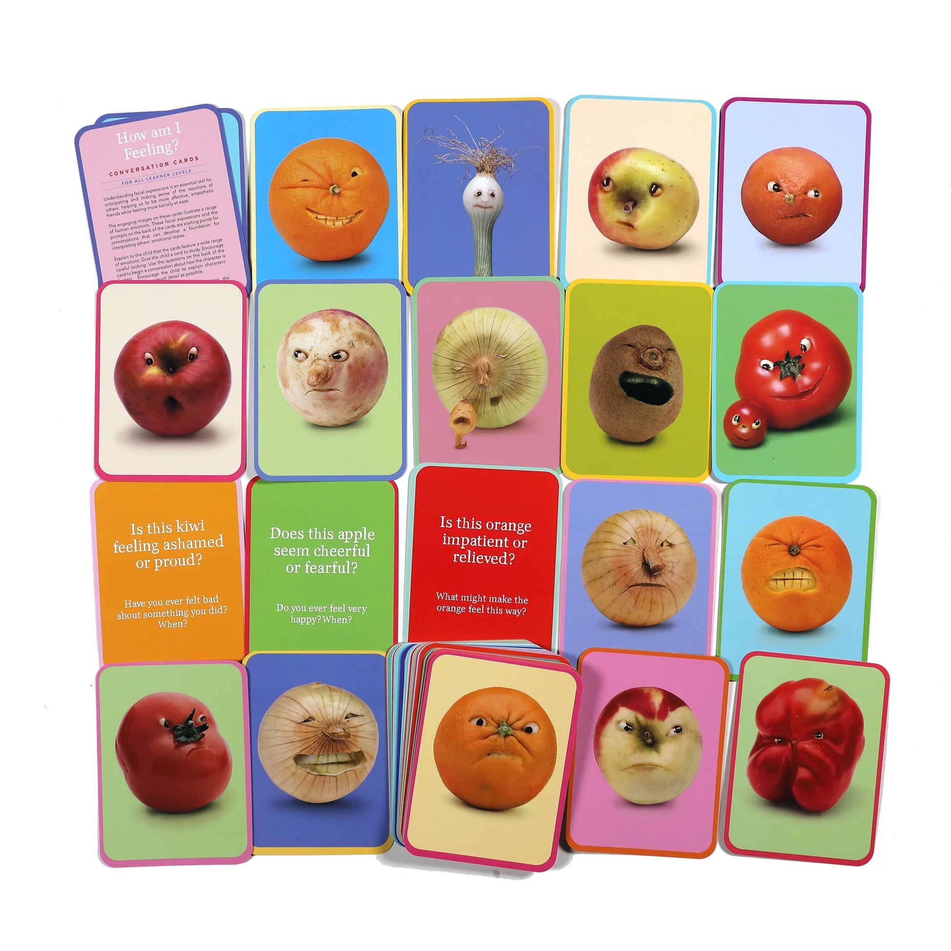 Set of cards with animated fruits and vegetables on colorful backgrounds