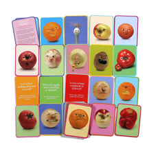Set of cards with animated fruits and vegetables on colorful backgrounds