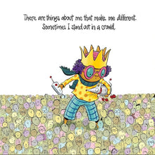 Illustration from a children's book showing a child with a crown standing out from a crowd, with text about feeling different and alone.
