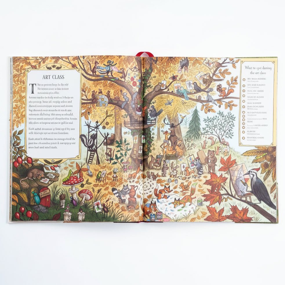 An open illustrated book spread on a white background, featuring autumn-themed artwork with trees, leaves, birds, and text panels.