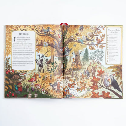 An open illustrated book spread on a white background, featuring autumn-themed artwork with trees, leaves, birds, and text panels.