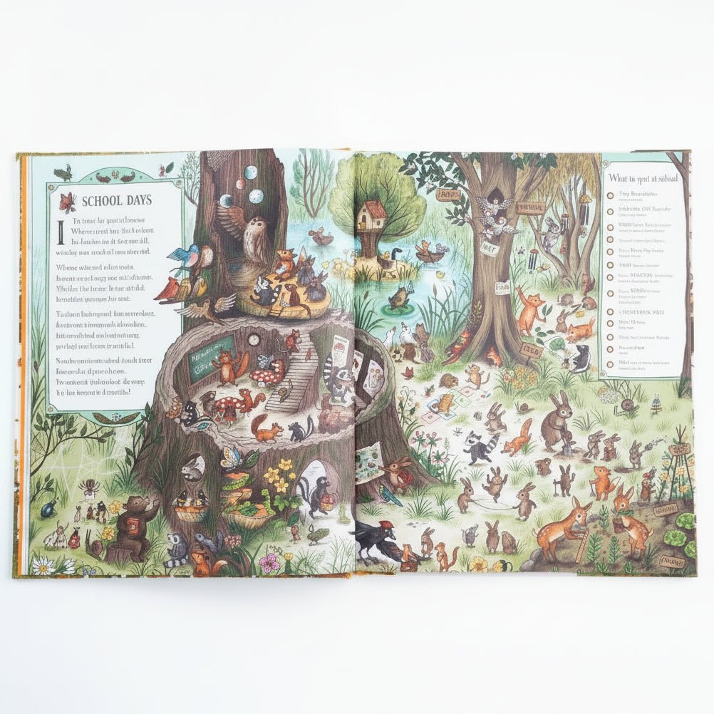 An open children's book spread on a white background, featuring a detailed forest illustration with animals, trees, and text panels on both pages.