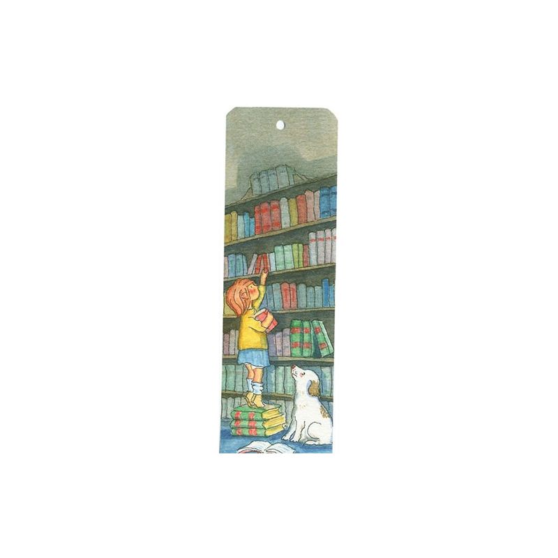 Bookmark with image of girl grabbing a book from a shelf while a dog watches 