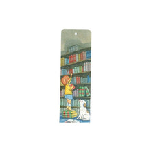 Bookmark with image of girl grabbing a book from a shelf while a dog watches 