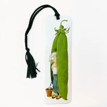 Bookmark with a cartoon character peeking out from a green pea pod on a white background