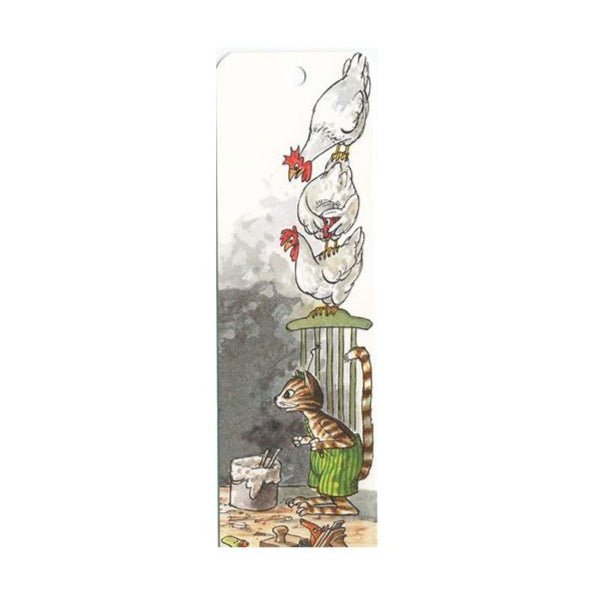 Illustration of a cat and three chickens on a white background