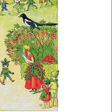 Illustration of fairies in a garden with a magpie and berries