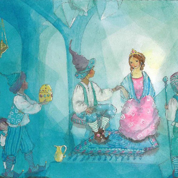 Illustration of a fairy tale scene with characters in colorful costumes.