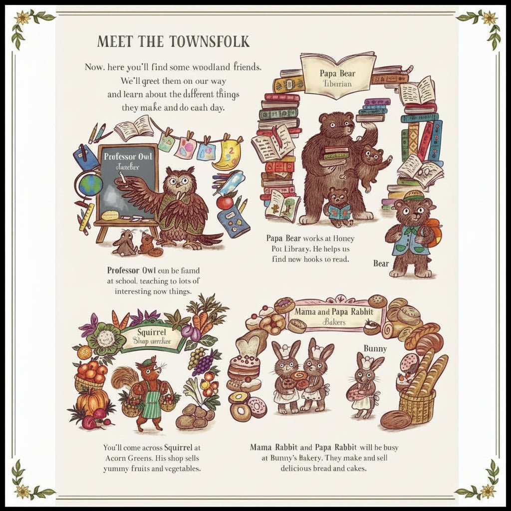 A whimsical illustrated poster titled 'Meet the Townfolk' showing multiple cartoon animal characters and objects arranged in small panels with accompanying text on a cream background.